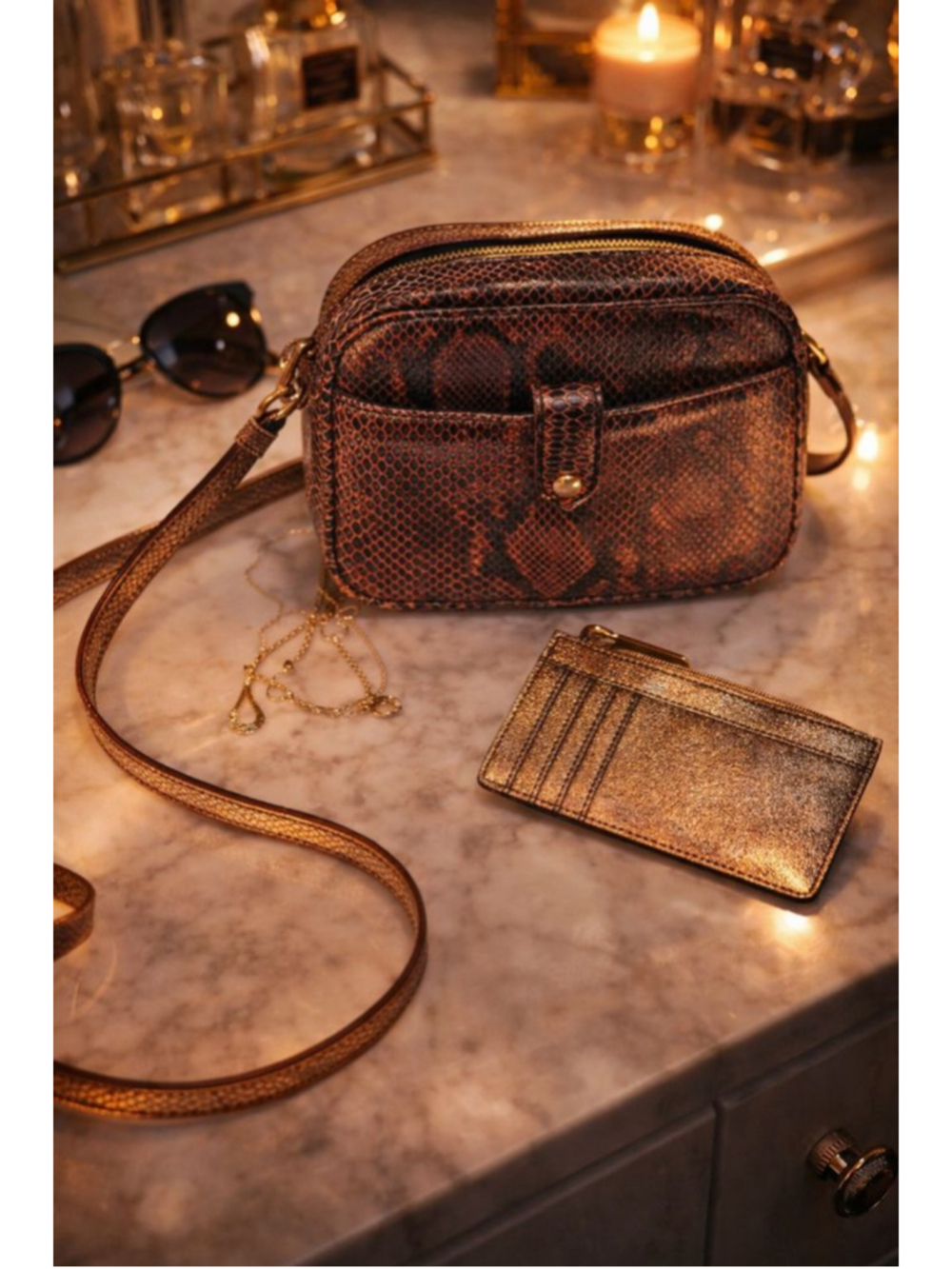 GILI Genuine Leather Metallic Snakeskin Crossbody Bag Gold Bronze Small Purse